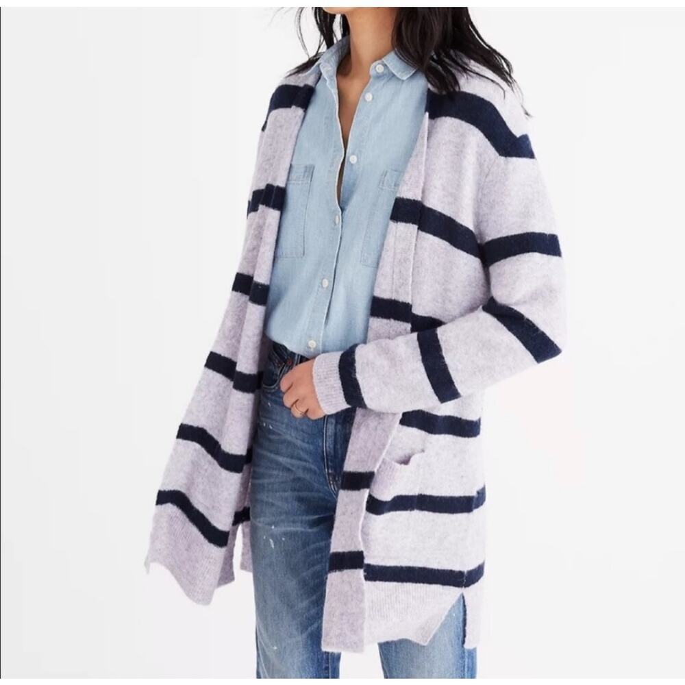Madewell Kent Long Line Striped Wool Alpaca Blend Cardigan Grey Blue Size XS‎